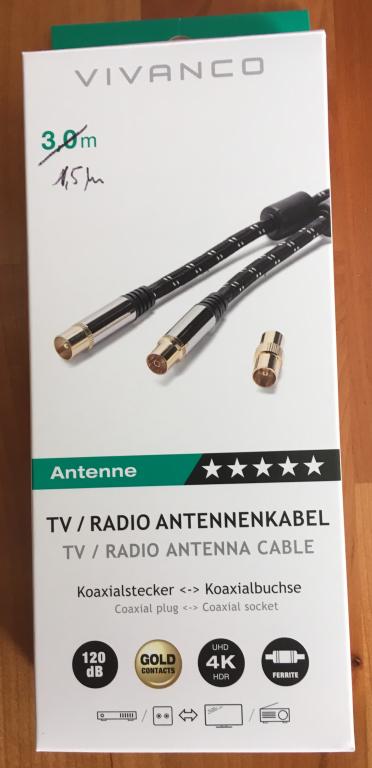 Vivanco Zwei TV Radio HQ Antennenkabel 120 DB Vergoldet Mit